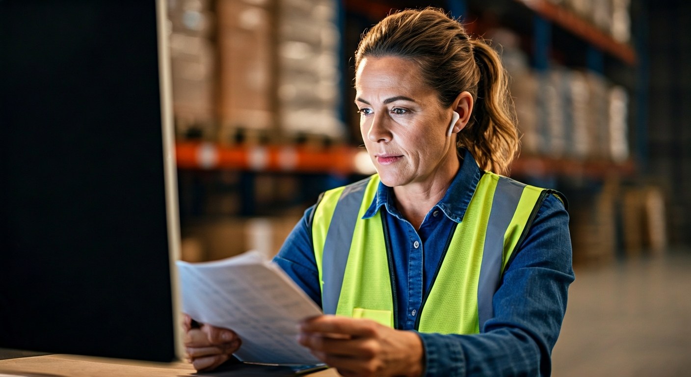 Strategic Warehouse Management and Oversight Logistics manager in a high-visibility vest reviewing inventory data on a screen in a warehouse.