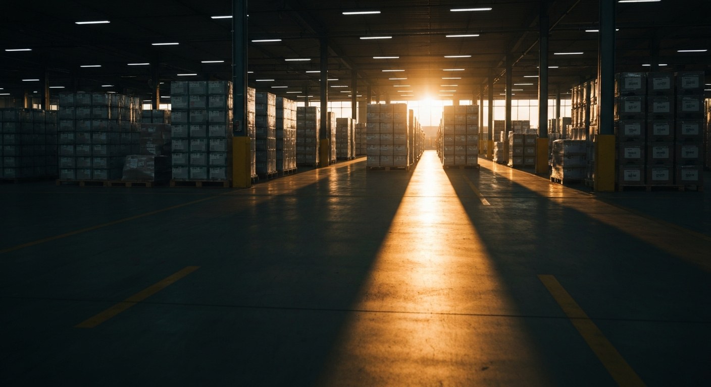 Wide view of a large logistics hub floor during the golden hour.