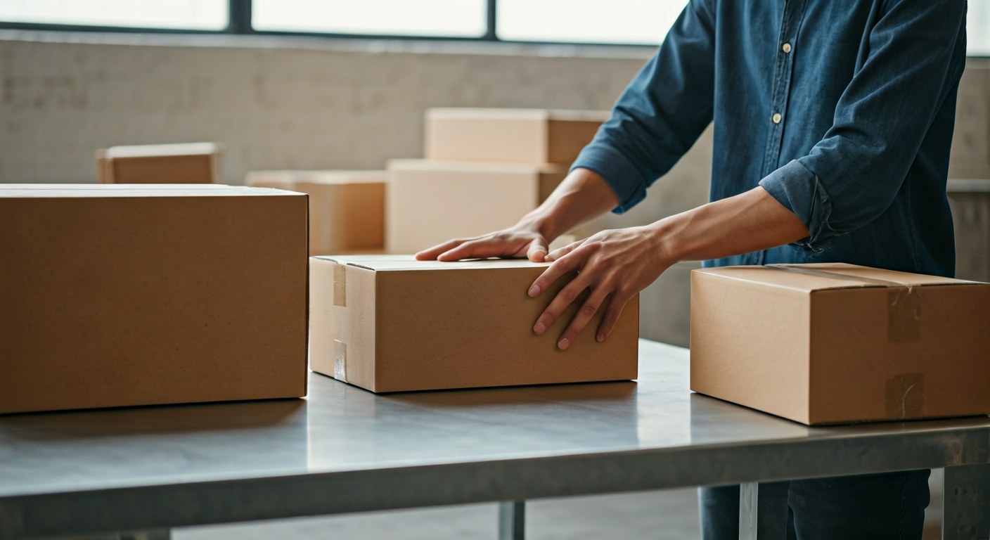 Modern Logistics and Parcel Sorting Hands sorting cardboard packages on a steel table in a modern, sunlit warehouse.