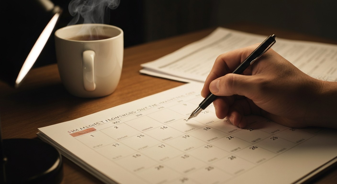 Logistics Holiday Planning A logistics manager's hand marking a paper calendar, showing the meticulous planning needed for shipping schedules.