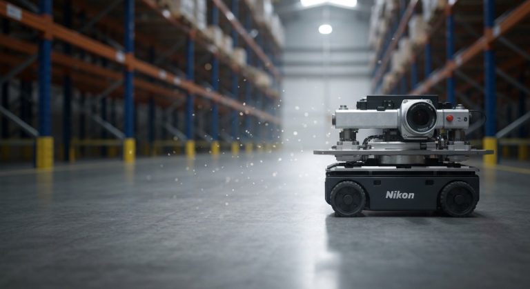 Close-up of a logistics robot moving on a warehouse concrete floor.