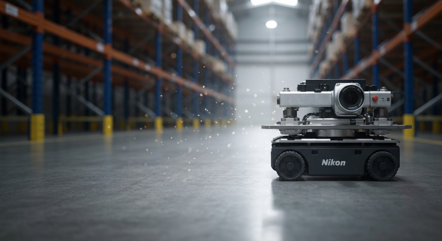 Industrial Logistics Robotics Close-up of a logistics robot moving on a warehouse concrete floor.
