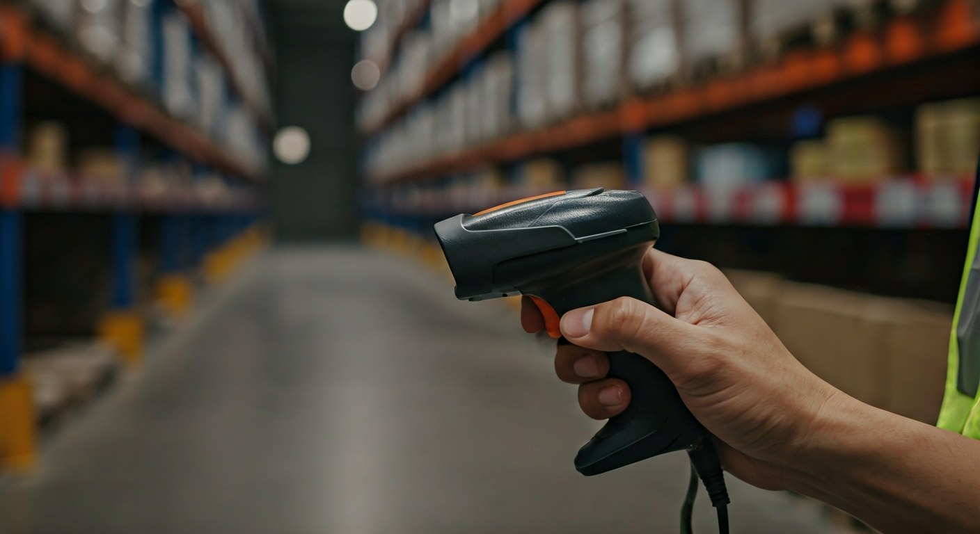 Operational Logistics Tools Warehouse worker's hands using a handheld scanner in a logistics facility, close-up.