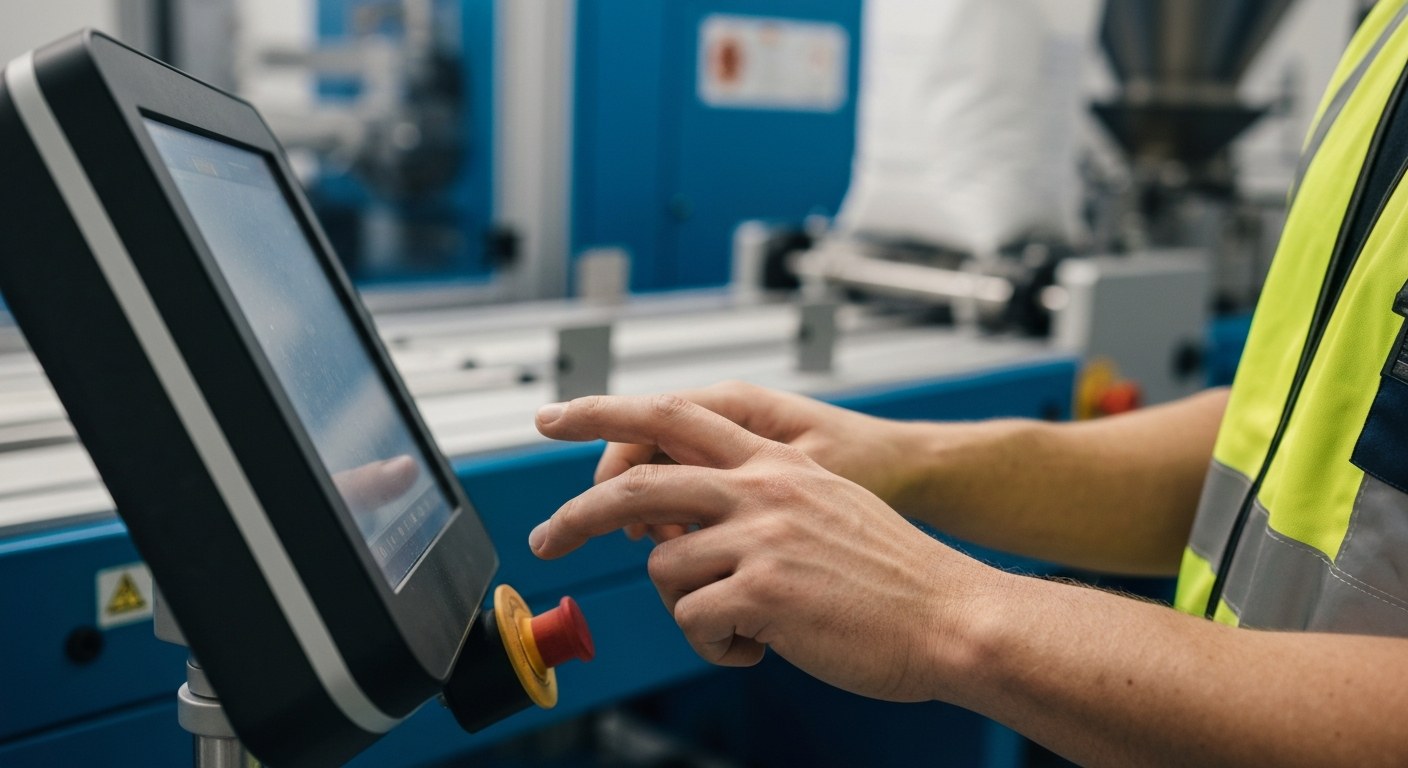 Close-up of a technician's hands using a rugged digital control panel in a modern packaging warehouse.