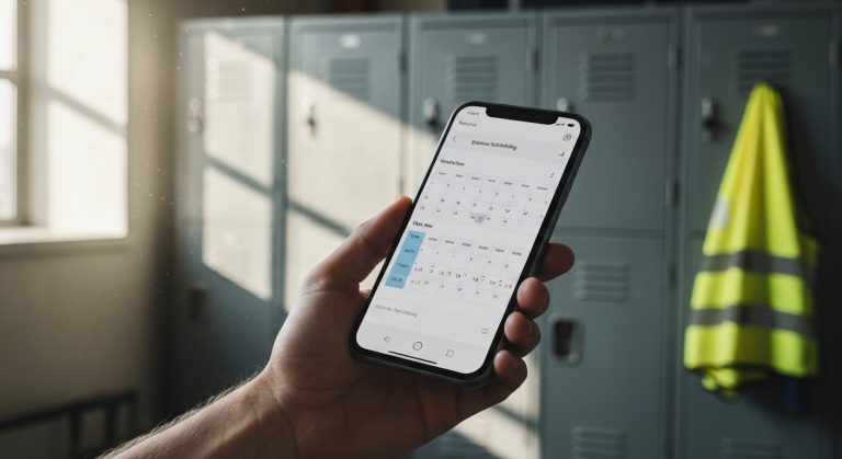 A close-up of a worker's hand holding a smartphone displaying a work schedule app in a warehouse breakroom.