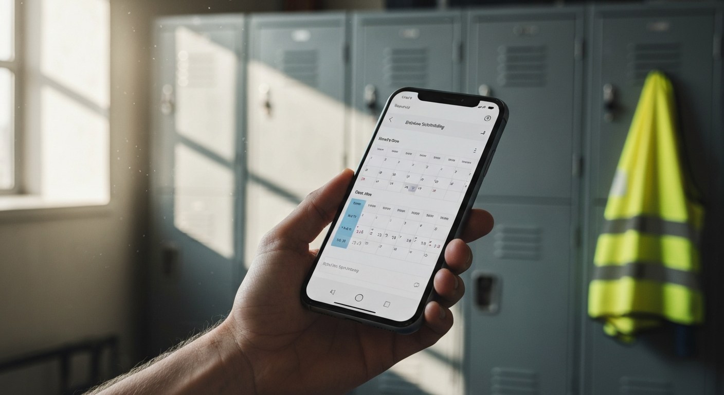 A close-up of a worker's hand holding a smartphone displaying a work schedule app in a warehouse breakroom.