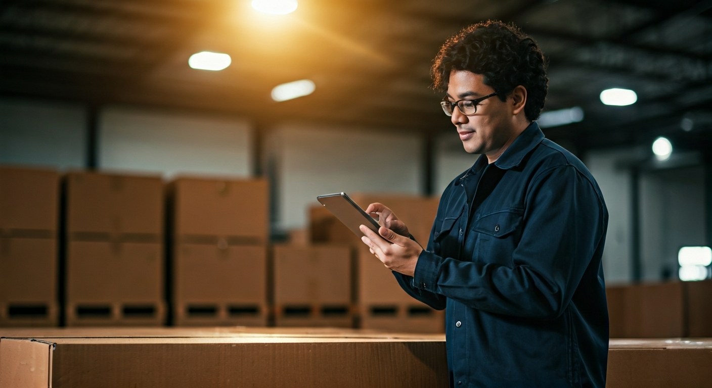 Analyzing Logistics Pay Worker reviewing data on a tablet in a warehouse setting.