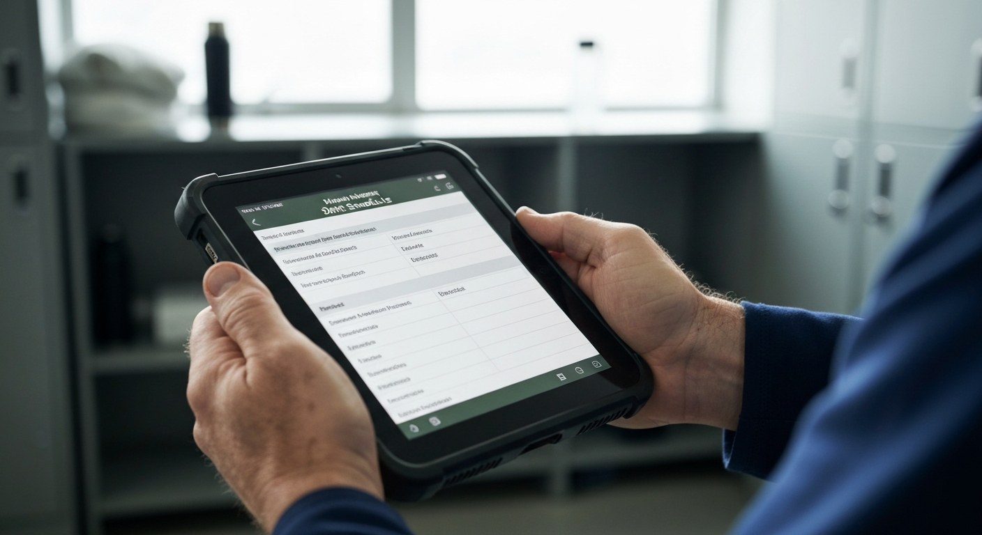 Logistics Worker Checking Shift Schedule Close-up of a worker's hands using a rugged tablet to view a digital work schedule in a breakroom.