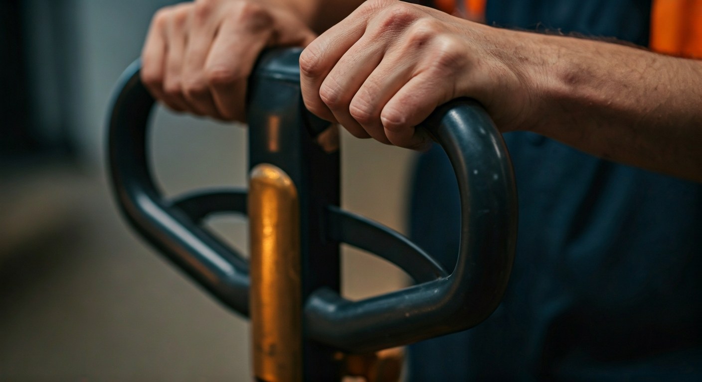 Close-up of hands operating the controls of industrial warehouse machinery.