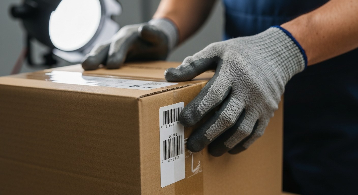 Manual Inspection in Logistics Close-up of gloved hands inspecting a cardboard package label in a warehouse setting.