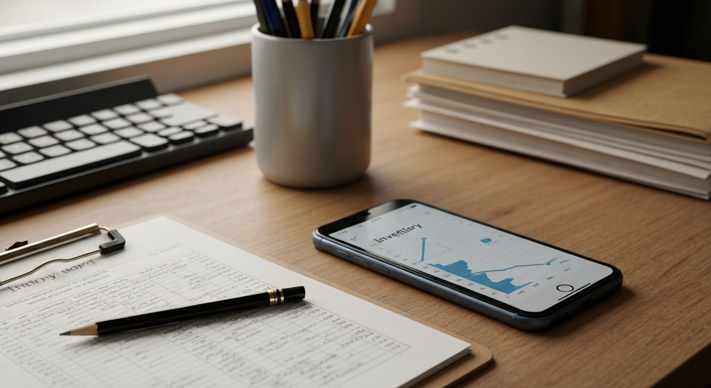 A smartphone with a stock tracking app next to an old-fashioned paper clipboard on a wooden desk.