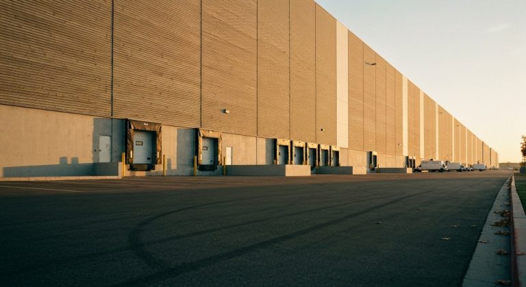 How Big Are Amazon Warehouses? (Bigger Than You Think) 16 A wide-angle photo of a massive five-story grey warehouse building under a warm sunset sky with loading docks.