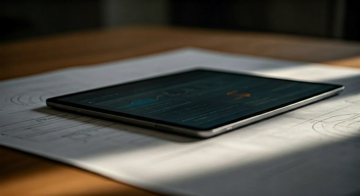Medallion Architecture Gold Layer Data Visualization A tablet on a desk showing a data dashboard during golden hour with blueprints in the background.