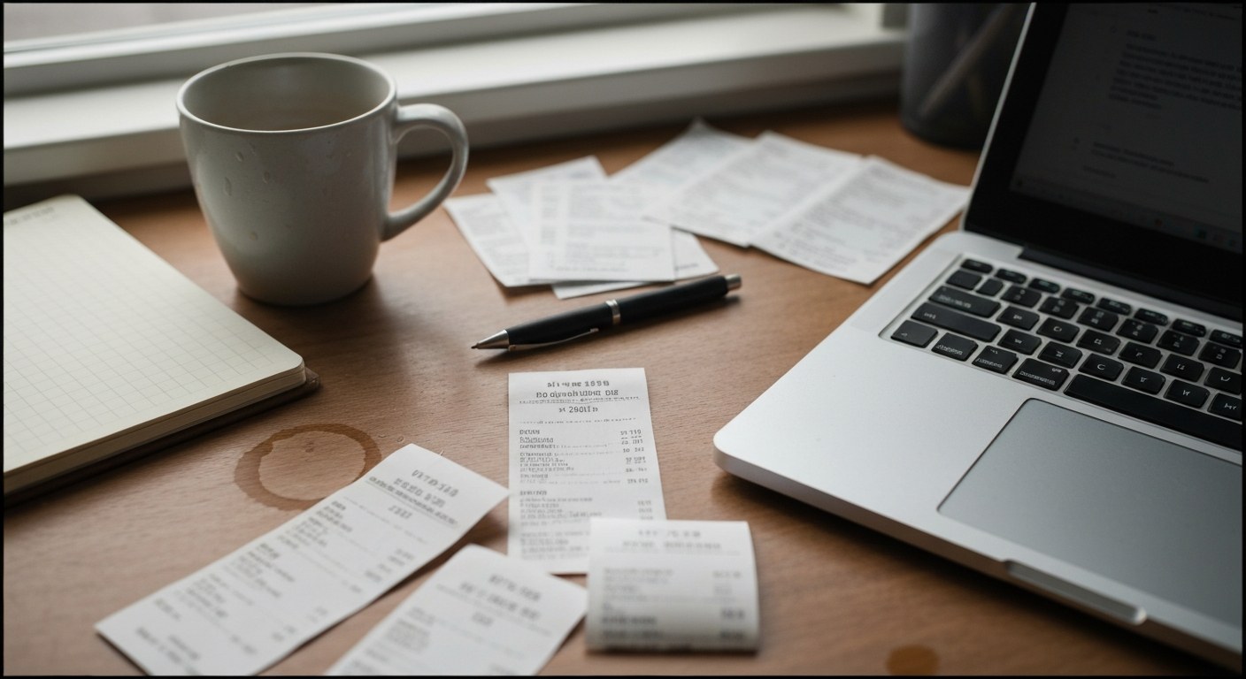 Managing Gig Economy Taxes A wooden desk covered with organized financial documents, a laptop, and a coffee mug.