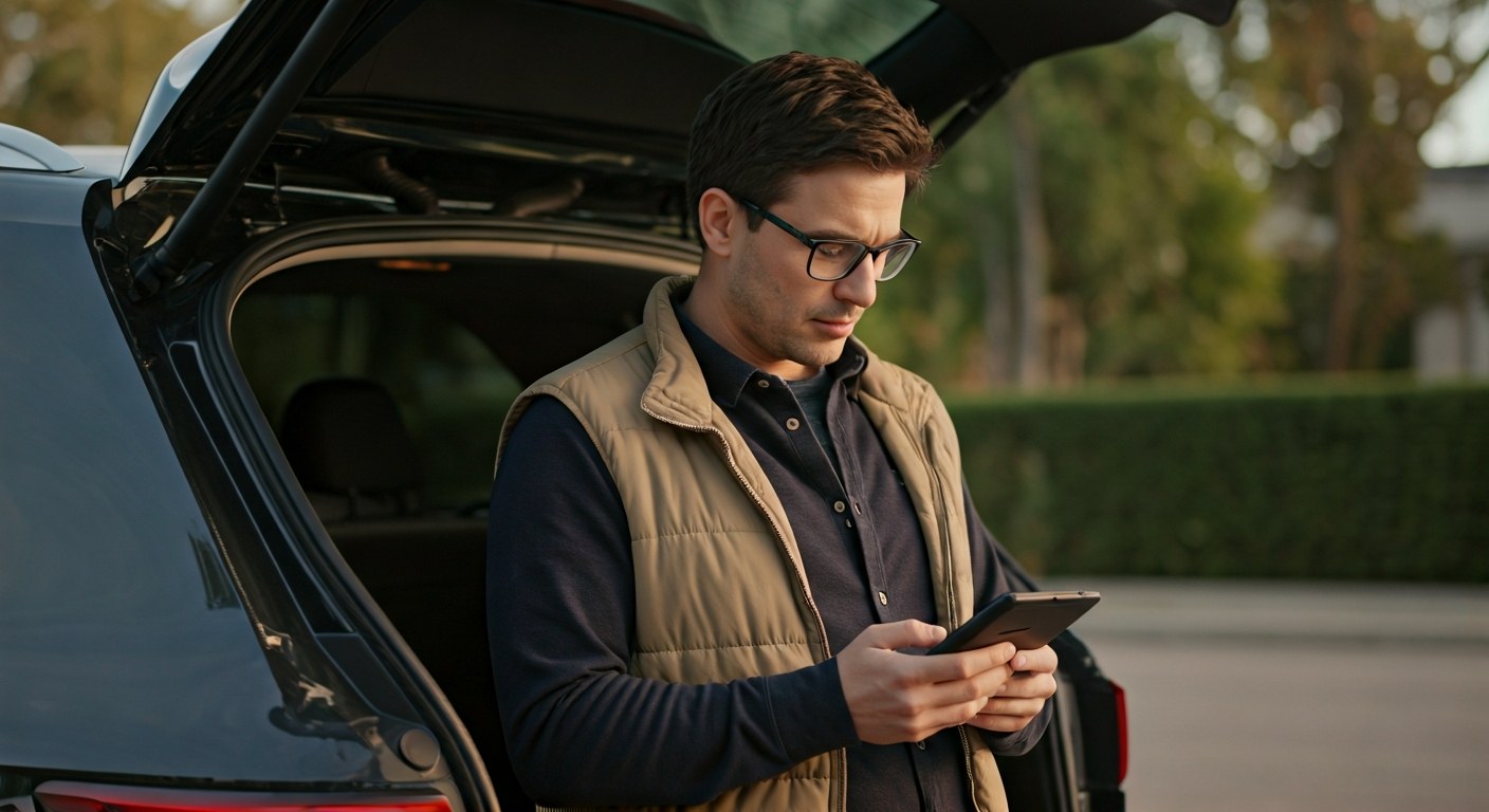 Managing Mid-Day Delivery Routes A delivery driver standing by the back of an SUV checking a mobile device in bright sunlight.