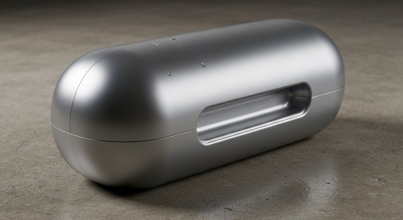 Minimalist Industrial Packaging Form A silver pill-shaped industrial container sitting on a concrete floor with professional studio lighting.