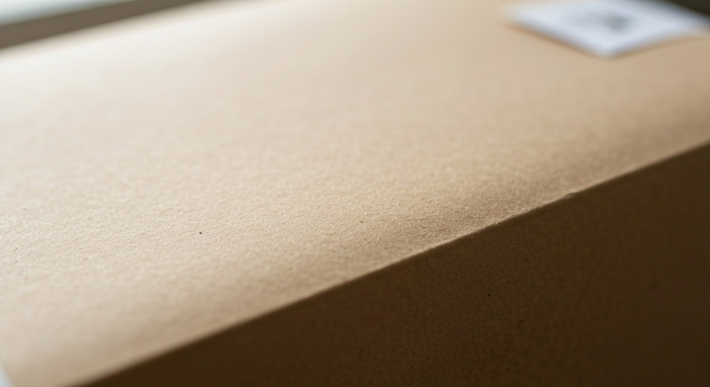Minimalist recycled paperboard packaging on a wooden table, showing realistic surface texture.