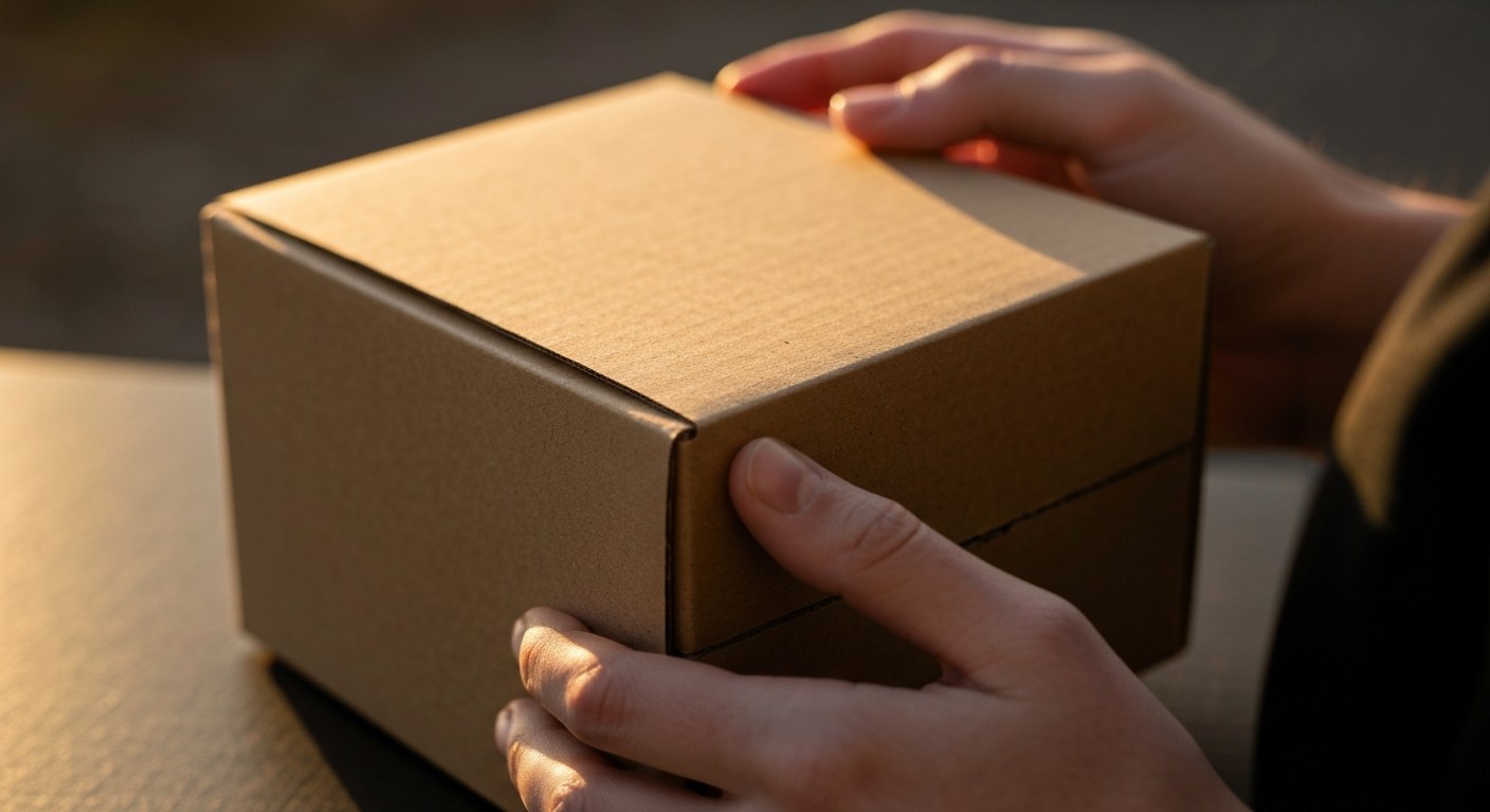 Minimalist Packaging Texture and Human Touch Close-up of hands touching a minimalist recycled cardboard package during golden hour, showing detailed paper texture.