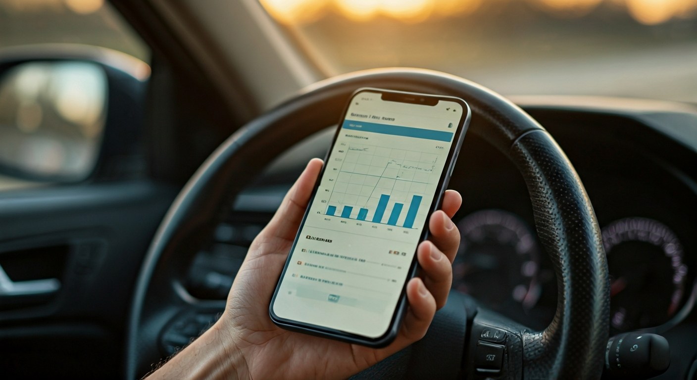 Mobile App Earnings Dashboard for Drivers A close-up of a hand holding a smartphone showing a financial earnings chart inside a car.