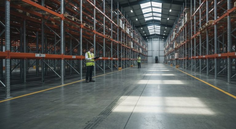A wide view of a modern high-ceiling warehouse with metal racking, polished concrete floors, and natural skylight.
