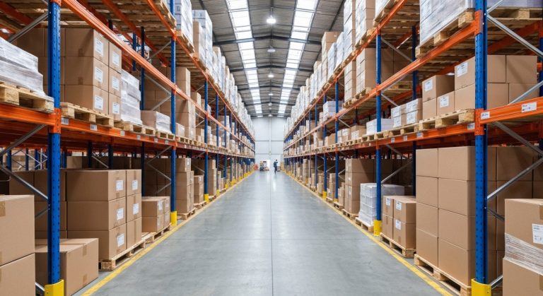 An organized industrial warehouse with tall shelving units filled with various sized cardboard boxes.