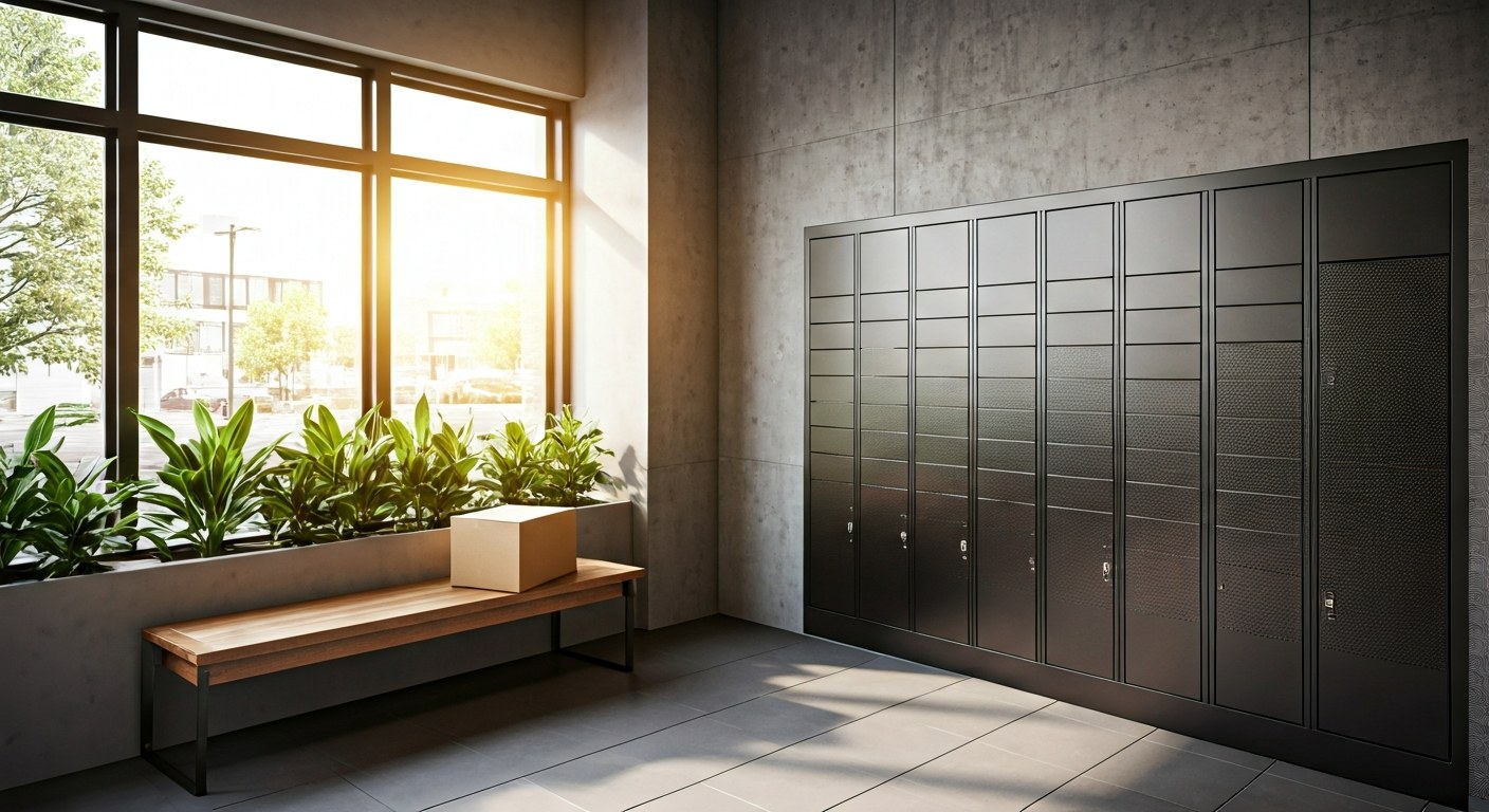 A minimalist apartment lobby with a sleek grey parcel locker system and a package on a wooden bench during sunset.