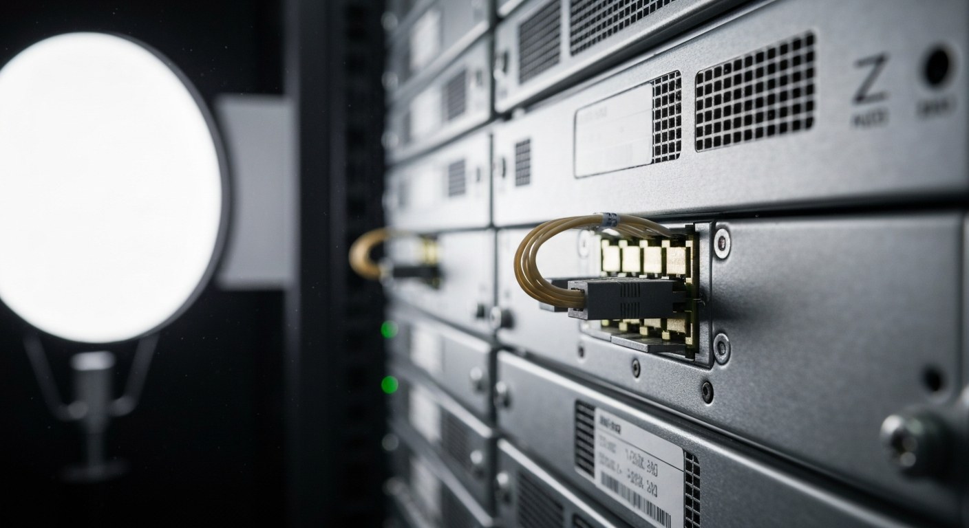 Modern Cloud Architecture Close up of fiber optic cables plugged into a modern server rack in a clean, professional data center.