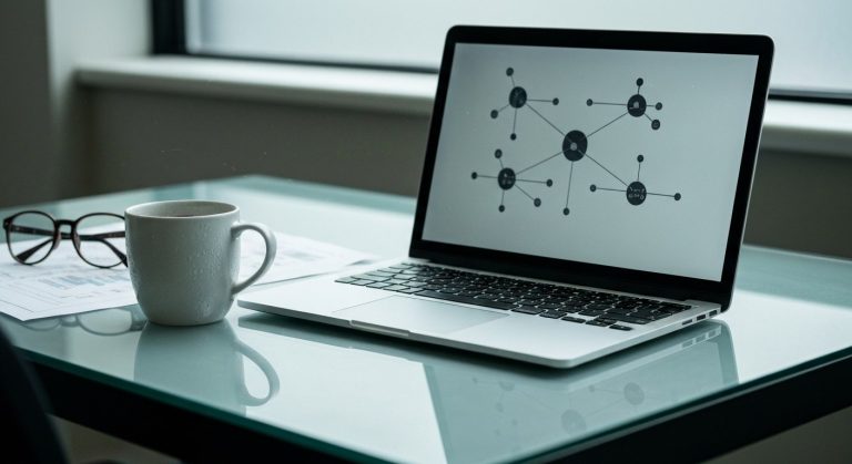 Close up of a modern data architect's workspace with a laptop, coffee mug, and schematics on a glass desk.