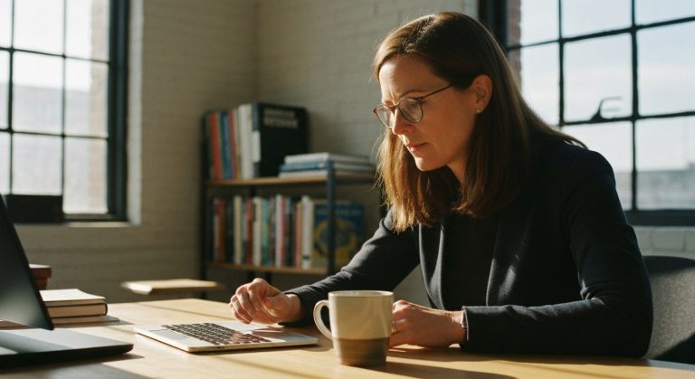 Data Warehouse Architecture (In 5 Mins) 1 A professional data architect in a modern office looking at a desk with a coffee mug and blurred tech books behind her.