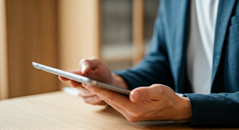 Close-up of a professional's hands using a tablet in a bright office with wood and glass accents.