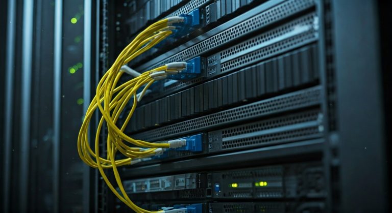 Close-up view of a modern server rack with organized wiring and indicator lights in a professional data center.