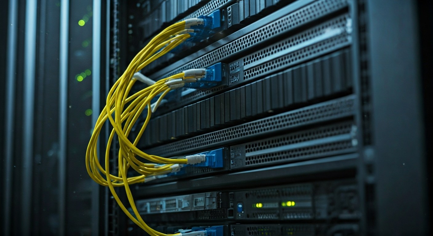 Close-up view of a modern server rack with organized wiring and indicator lights in a professional data center.