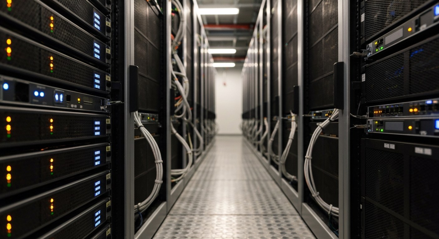 A high-end data center server rack with amber and blue LED lights casting a soft glow on brushed metal panels.