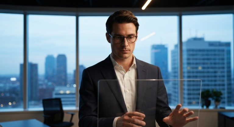 A data strategist in a professional office at dusk looking through a large window at a city skyline.