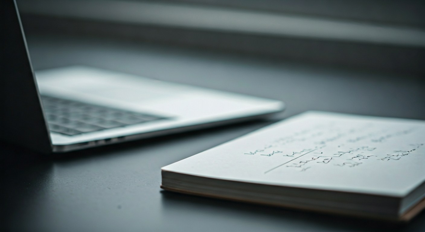 Predictive Replenishment Strategies A modern desk workspace with a notebook featuring hand-written calculations and a closed laptop.