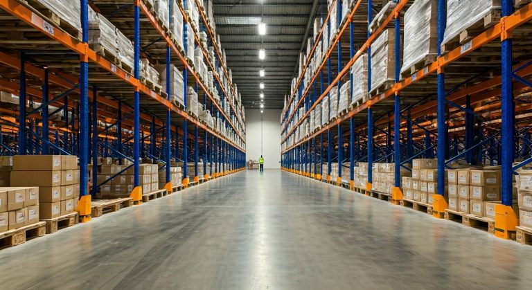 Wide interior of a clean food warehouse with tall metal racks and pallets of goods under bright industrial lights.