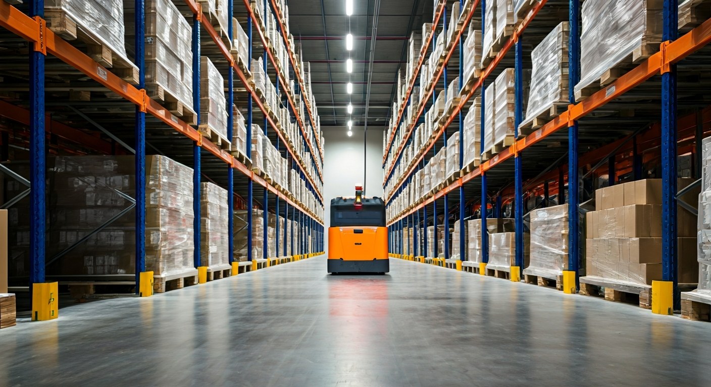 A wide view of a modern warehouse aisle with high-density racking and an automated vehicle moving.