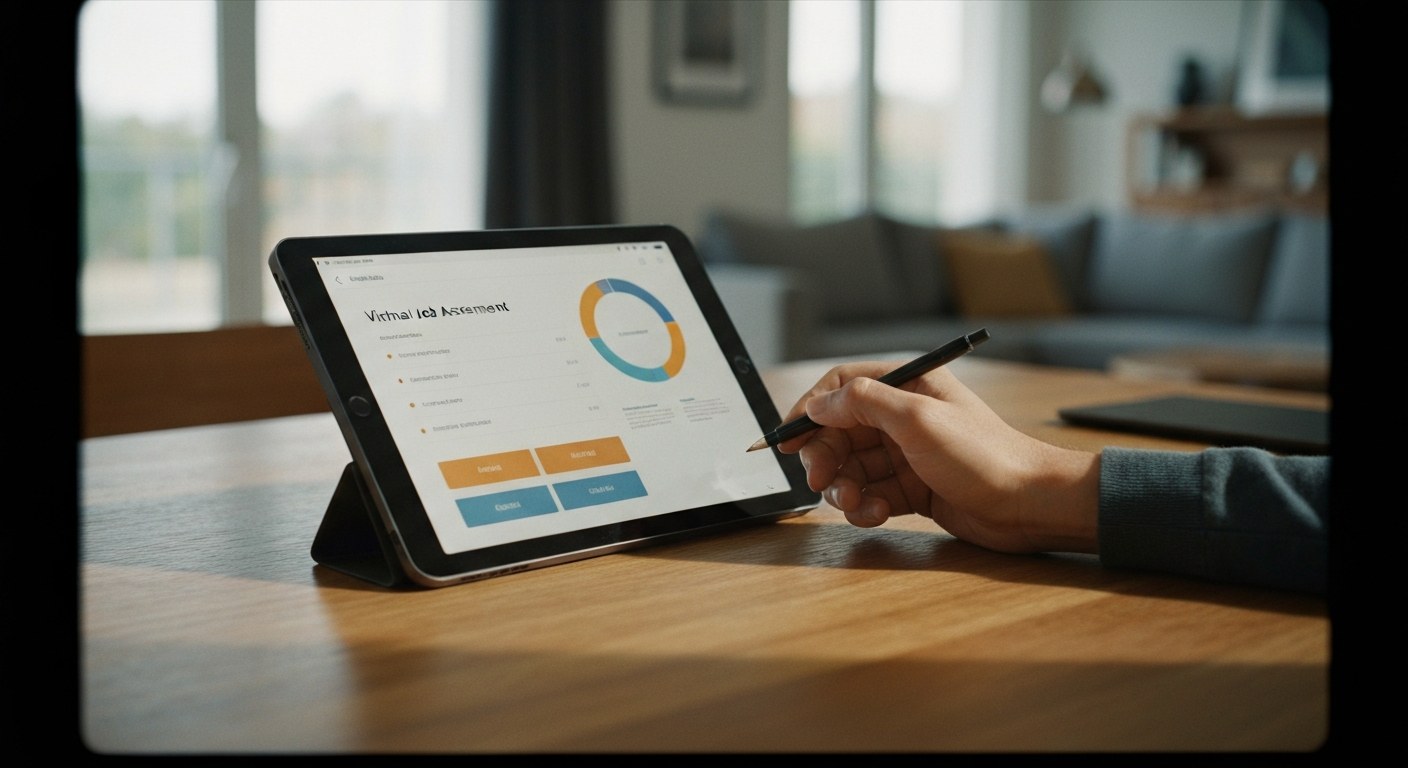 Modern Virtual Job Assessment Process A person using a digital tablet at a wooden desk for a virtual job assessment in a bright room.