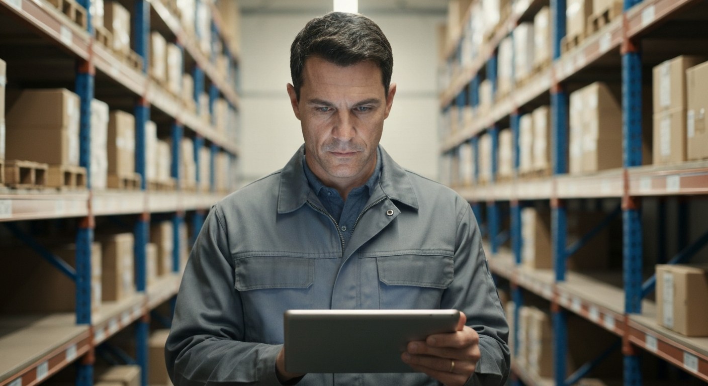 An inventory manager reviewing logistics data on a tablet in a modern warehouse aisle.