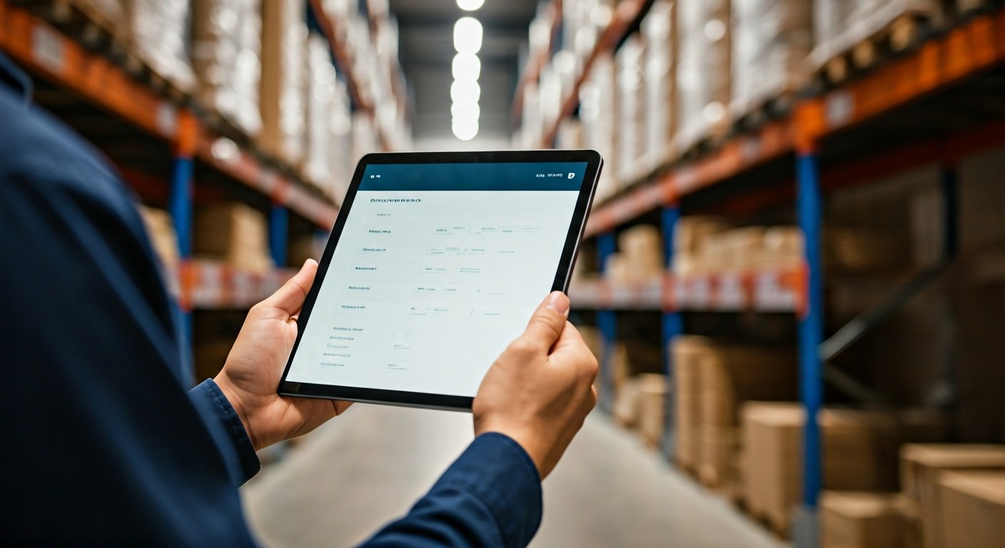 Hands holding a tablet displaying a clean, intuitive inventory management dashboard with a blurred warehouse background.