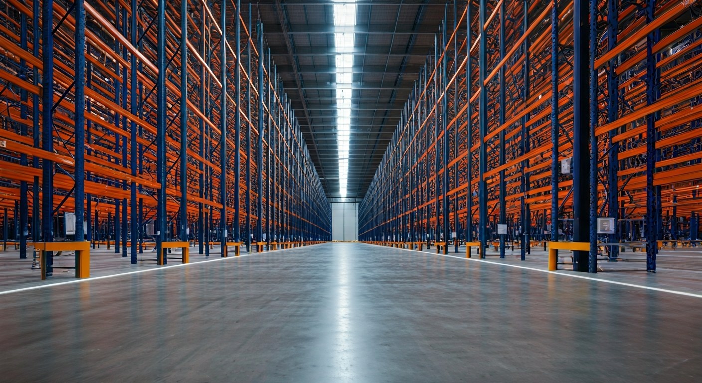 A vast, modern logistics warehouse with high shelving and energy-efficient LED lighting grid.