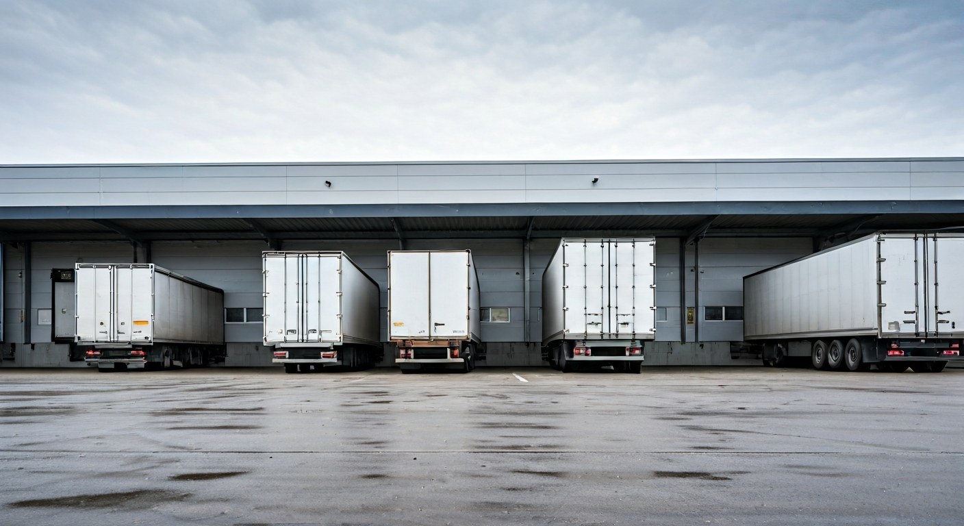 A line of white bulk transport trucks at a large concrete distribution center loading dock on an overcast day.