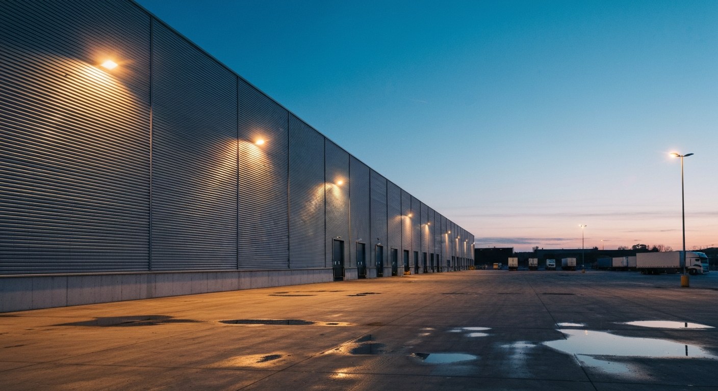 Industrial Logistics Hub Exterior at Sunset A wide view of a modern logistics warehouse with loading bays under a warm sunset sky.