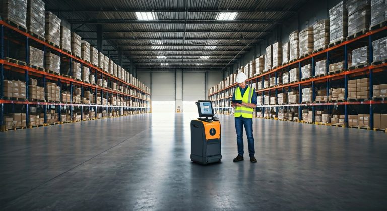 A logistics worker in a safety vest stands in a large, sunlit distribution center looking at a digital tablet.