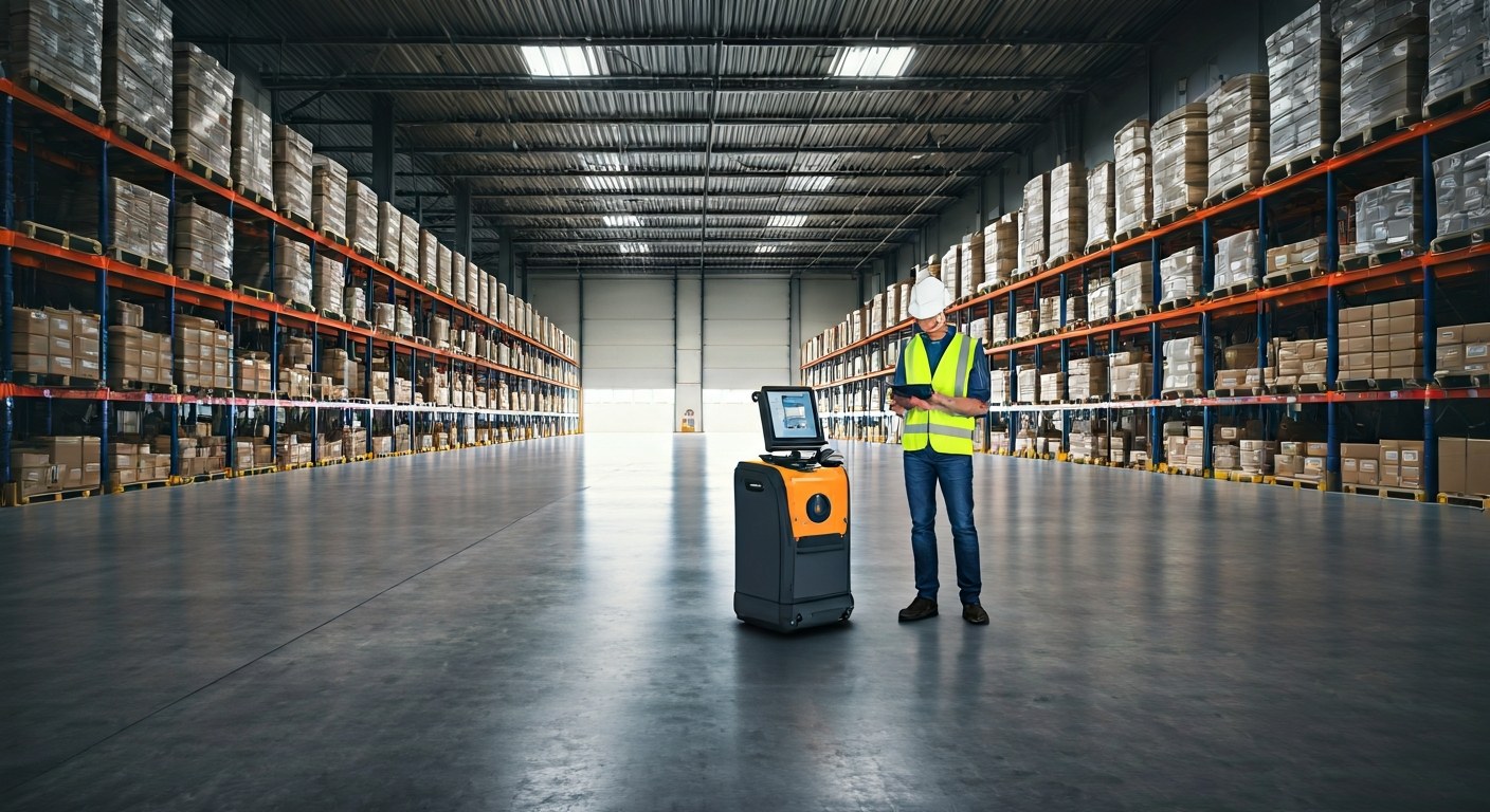 Modern Walmart Distribution Center Interior A logistics worker in a safety vest stands in a large, sunlit distribution center looking at a digital tablet.