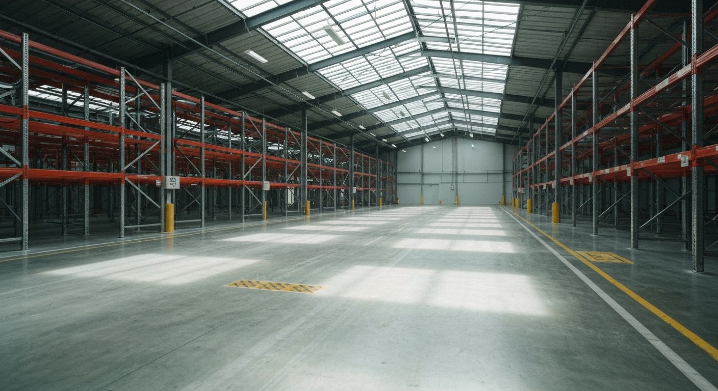 Modern 2026 Logistics Facility Interior A wide, high-angle view of a modern, brightly lit warehouse with polished floors and organized shelving systems.