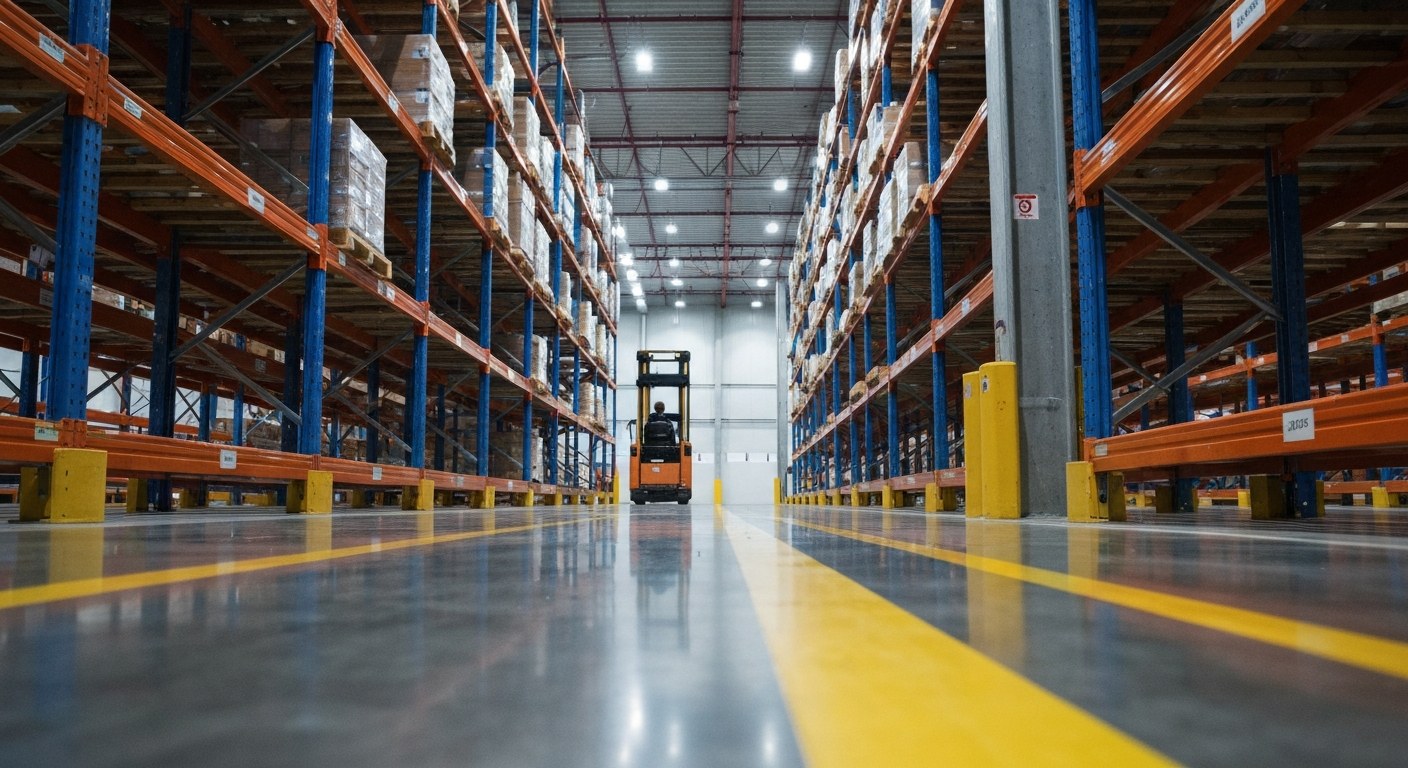 A clean, wide warehouse aisle with yellow floor markings and a reach truck operating in the distance under natural light.