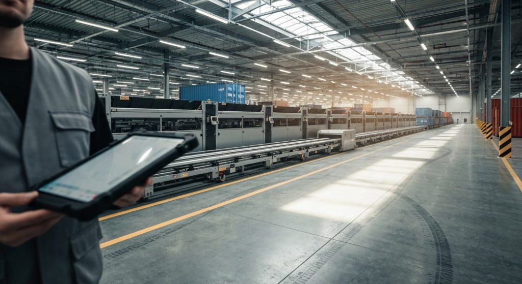 A wide interior view of a modern distribution center with automated tracks and a worker holding a tablet.