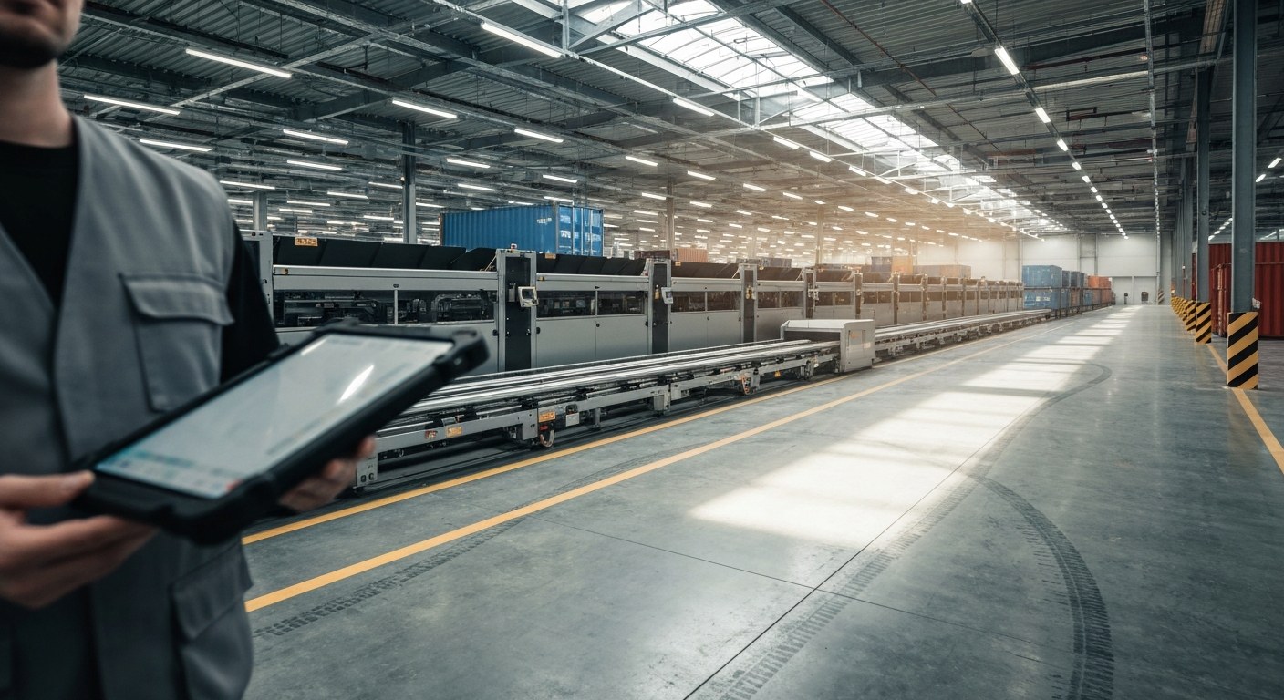 Inside the 2026 Logistics Hub A wide interior view of a modern distribution center with automated tracks and a worker holding a tablet.