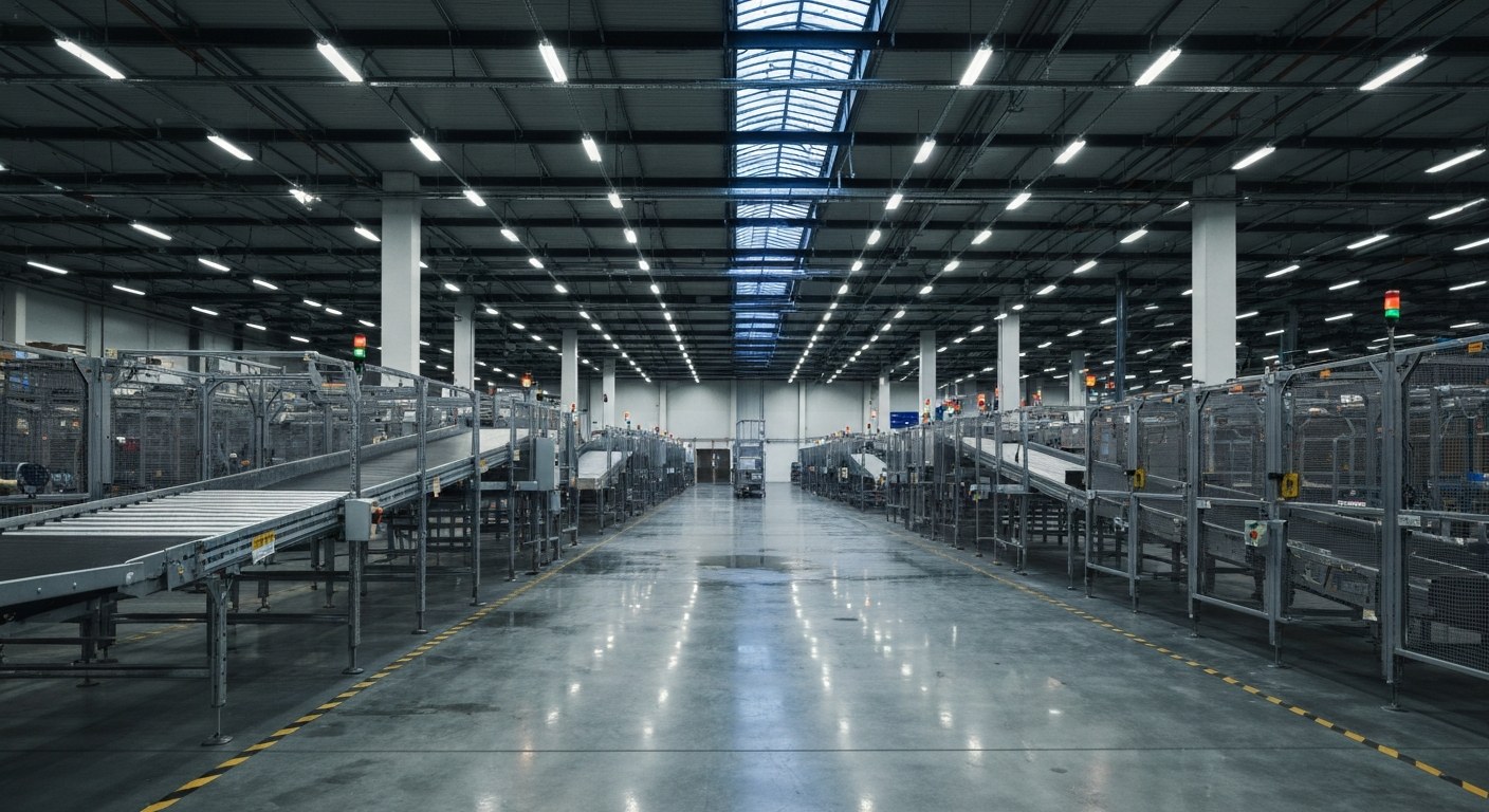 High Volume Logistics Sorting Hub A wide view of a large warehouse sorting facility with metal chutes, conveyor belts, and industrial lighting.